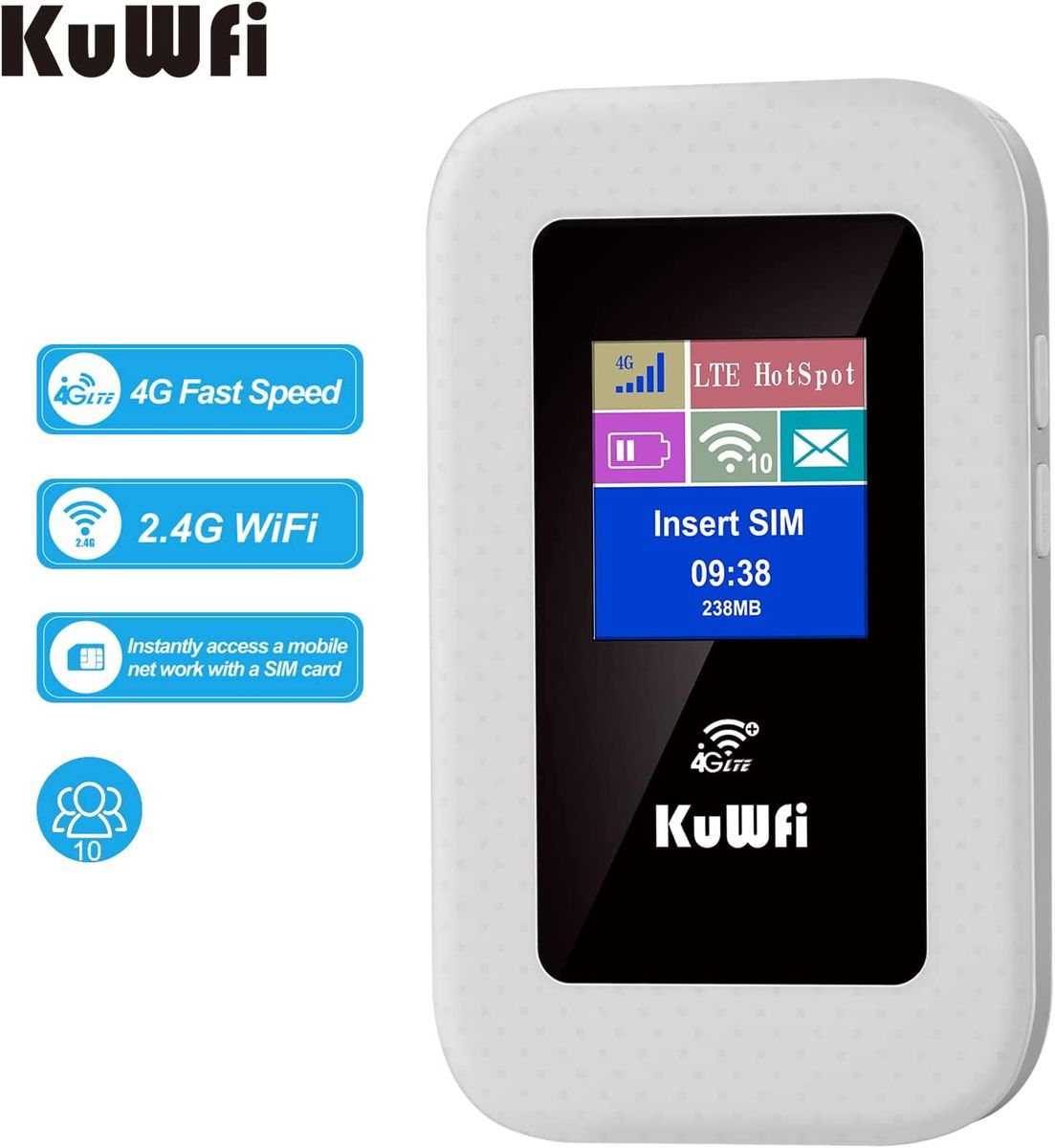 KuWFi Mobiler 4G LTE WLAN Router, KuWFi 4G Modem 150 Mbit/s, 4G Dongle mit SIM-Kartensteckplatz, wiederaufladbarer 2100-mAh-Akku, Farbbildschirm, WLAN-Freigabe für bis zu 10 Geräte, C920