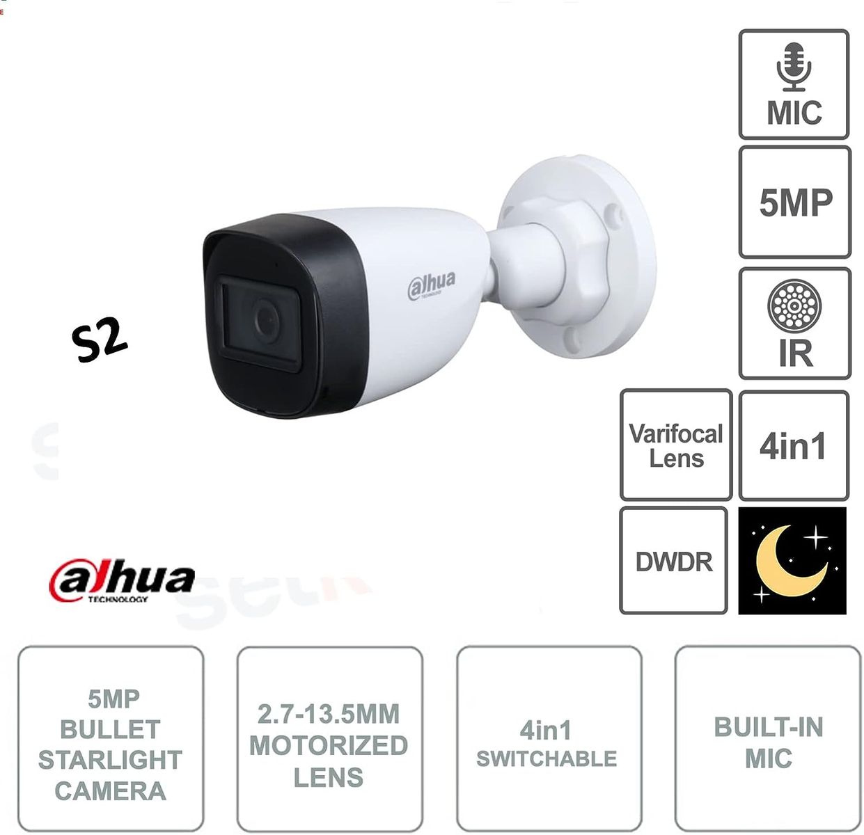 Dahua 5 MP Outdoor-Kamera mit Drähten 5 MP Dahua Hdcvi 4 in1 Hdtvi Ahd Analog Audio, (HAC-HFW2501TU-Z-A-S2)