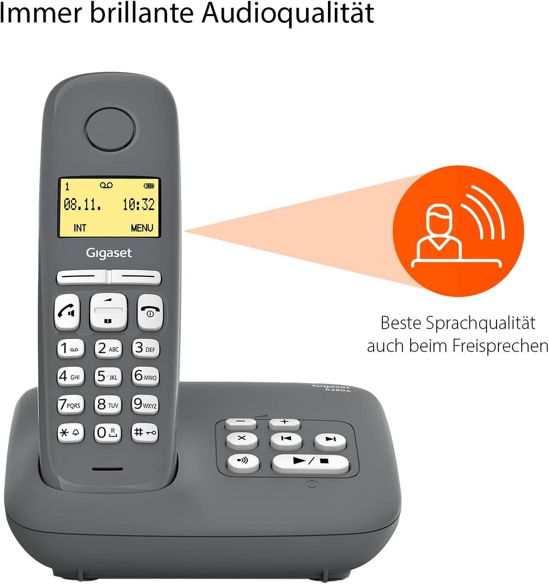 Gigaset A280A Duo 2 Schnurlose Telefone Anrufbeantworter brillante Audioqualität auch beim Freisprechen intuitive symbolbasierte Menüführung Kurzwahltasten Grafik-Display