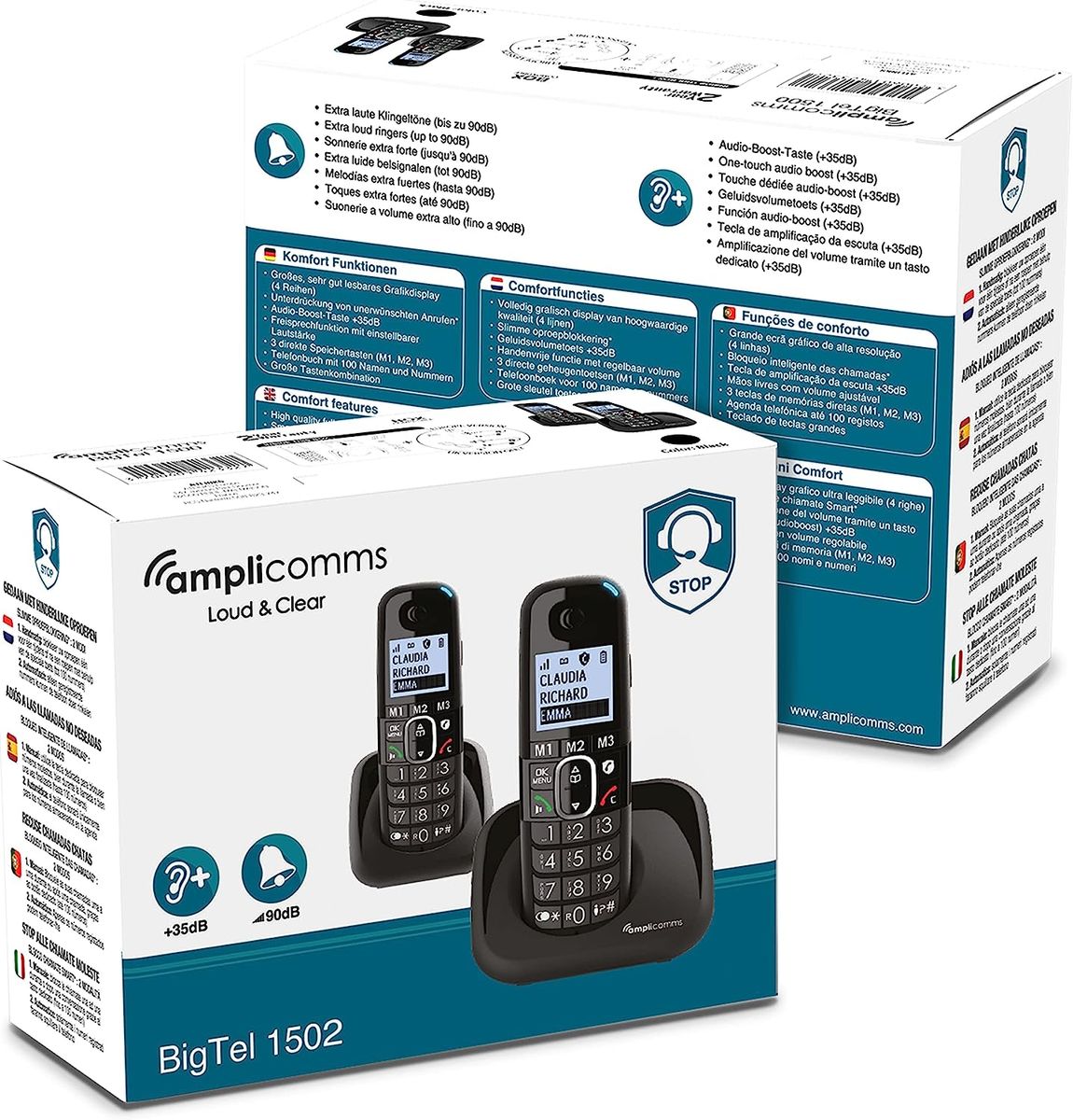 amplicomms BigTel 1502 Duo schnurloses DECT Großtasten Telefon, Zwei Mobilteile, Audio-Boost, extra Laute Klingeltöne, Hörgerätekompatibel, Anrufschutz
